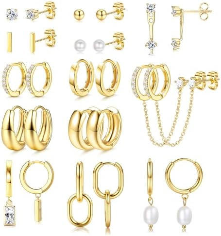 BESTEEL 13 Pairs Small Stud Hoop Earrings Set for Women Hypoallergenic Gold Plated Huggie Hoops P... | Amazon (US)