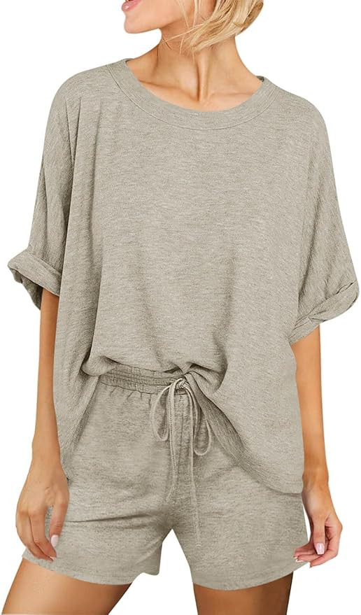 Tankaneo Womens 2 Piece Lounge Sets Oversized Short Sleeve T-shirts Drawstring Shorts Sets Pajama... | Amazon (US)