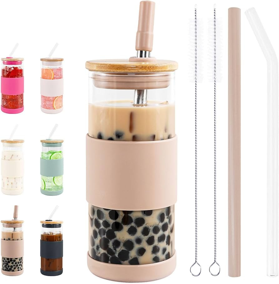 Caperci Glass Cups with Bamboo Lids and Straws - 20 oz Reusable Iced Coffee Cup with 2pcs Cleanin... | Amazon (US)