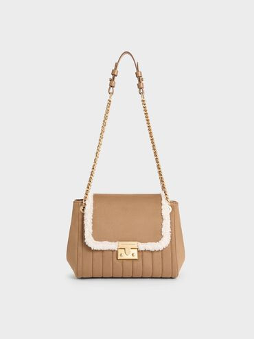 Tan Donna Faux Suede Fur-Trim Shoulder Bag | CHARLES & KEITH | Charles & Keith US