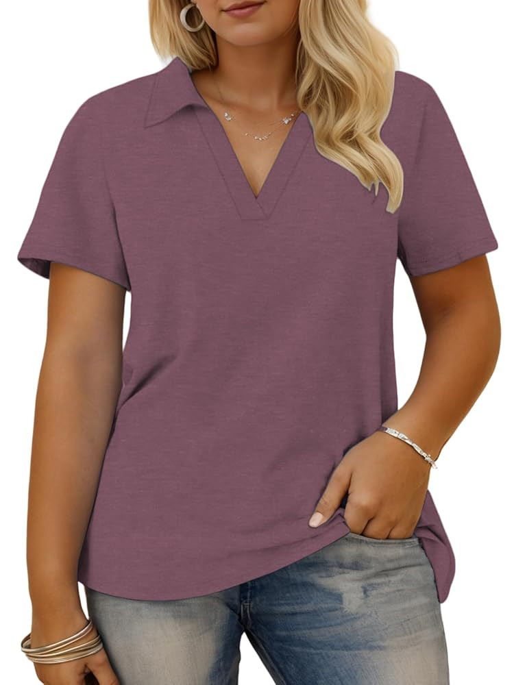 VISLILY Plus-Size-Summer-Tops for Women Collared V Neck Polo Shirts Flowy Tunics Trendy Short Sle... | Amazon (US)