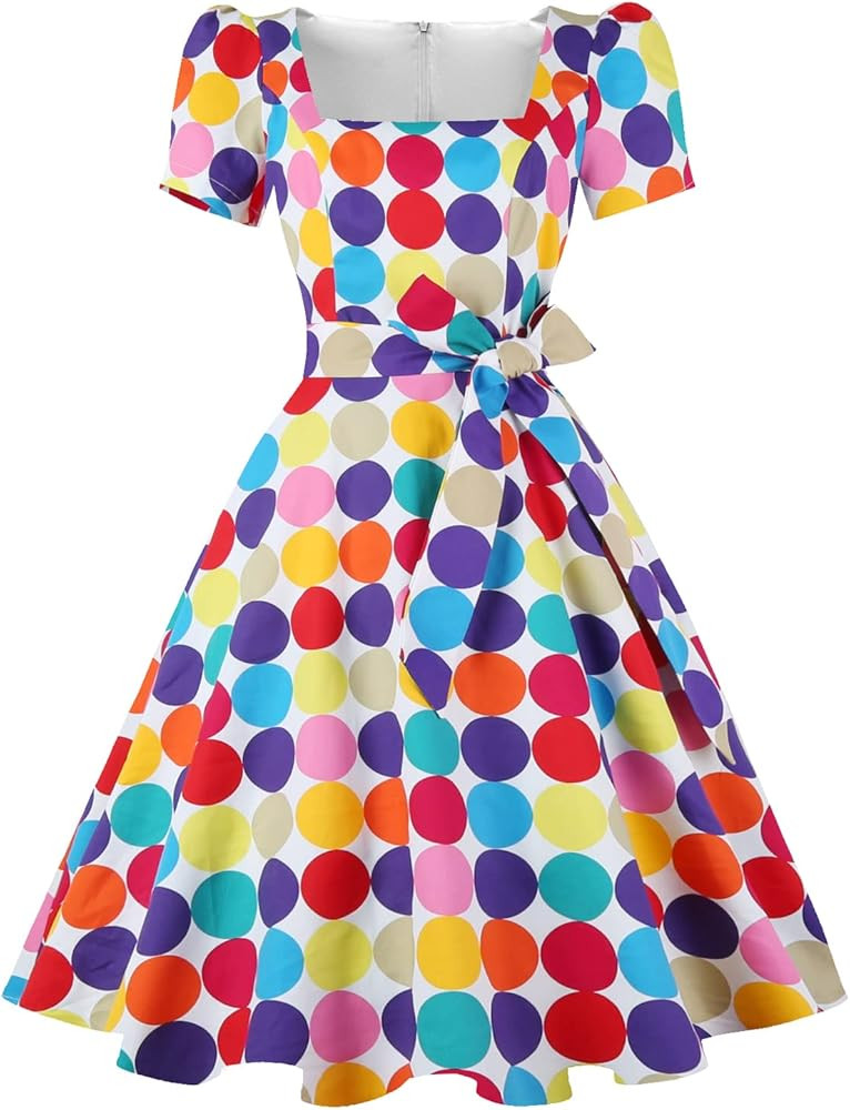OBBUE Women's Square Neck Dress Vintage 1950s Cocktail Party Dress with Puff Sleeves | Amazon (US)