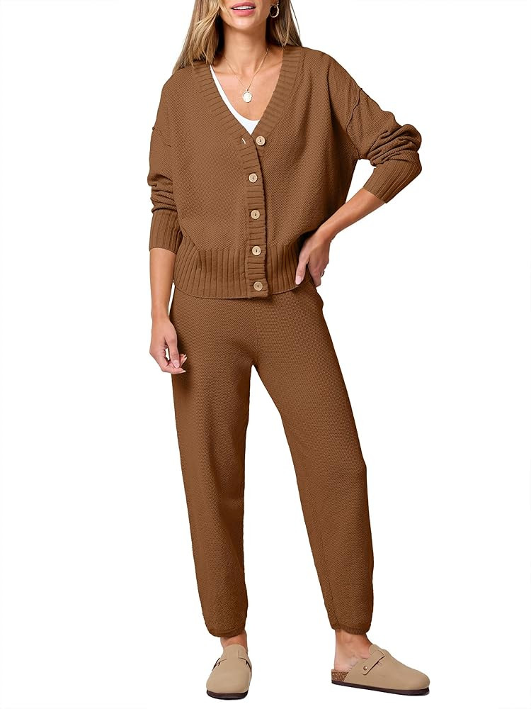 ANRABESS Women 2 Piece Lounge Sets 2025 Fall Outfits Casual Waffle Knit Cardigan Sweater Pant Set... | Amazon (US)