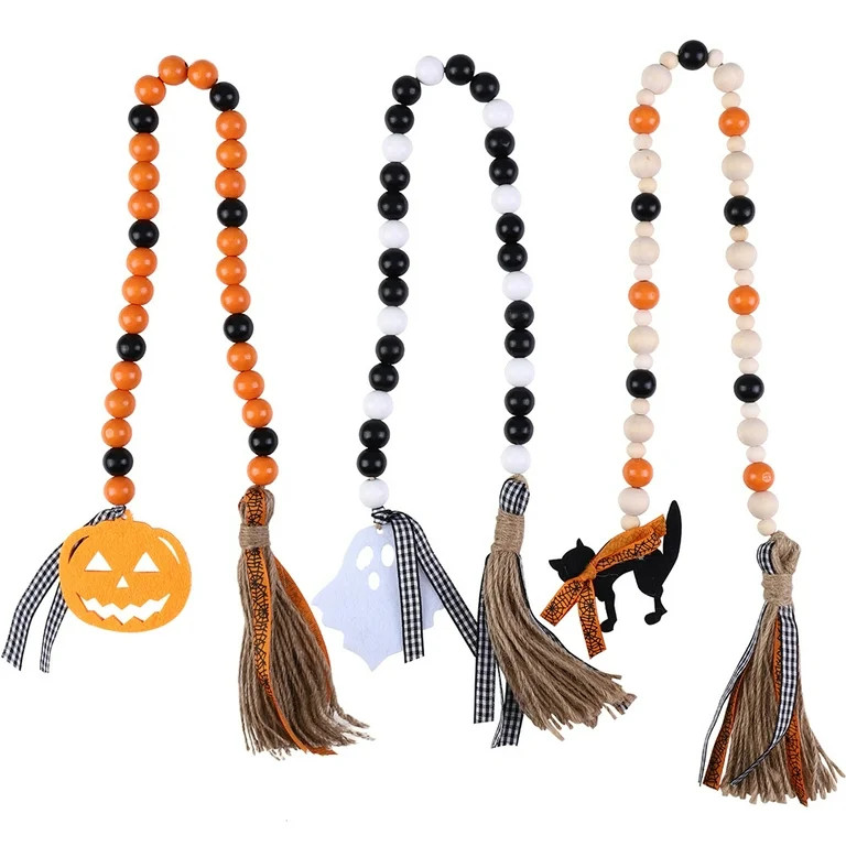 3PCS Halloween Wooden Bead Garland with Tassels Home Wall Hanging Decorations Cartoon Decor | Walmart (US)
