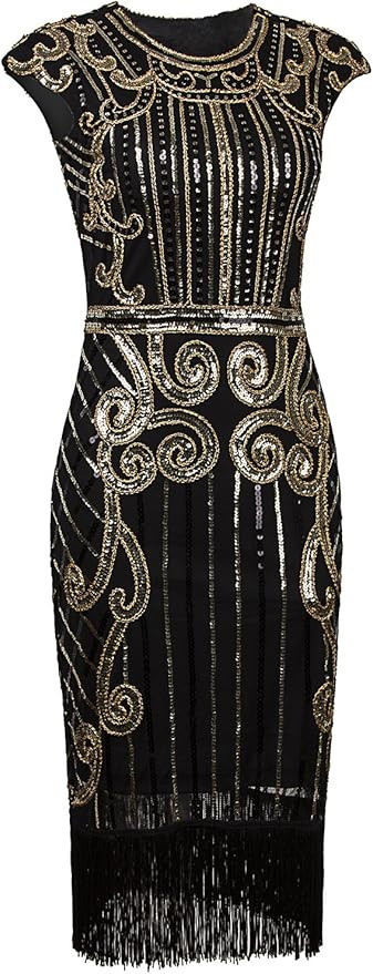 VIJIV 1920s Vintage Inspired Sequin Embellished Fringe Long Gatsby Flapper Dress | Amazon (US)