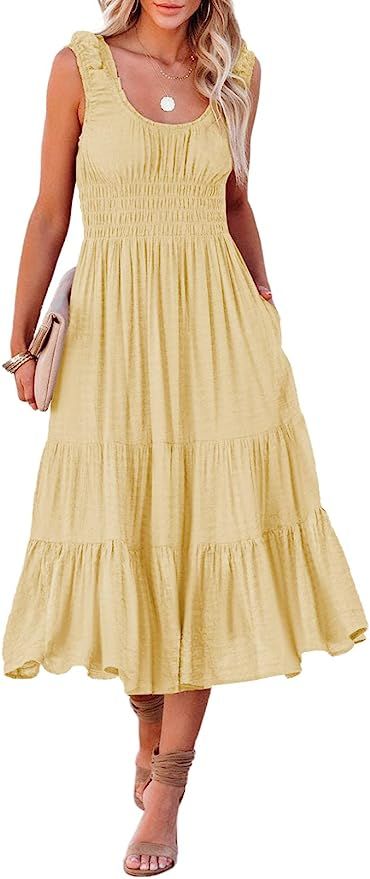 AlvaQ Women Summer Sleeveless Smocked Midi Dress High Waist Casual Tiered A Line Sundress with Po... | Amazon (US)