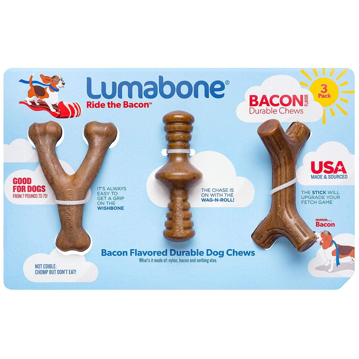 Lumabone Real Bacon Medium 3-Pack Durable Dog Chew Toys for Aggressive Chewers, Made in USA – Wishbo | Amazon (US)