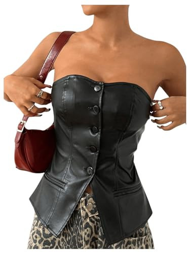 SHENHE Women's PU Leather Strapless Blazer Button Up Fitted Cropped Tube Top Black X-Small | Amazon (US)