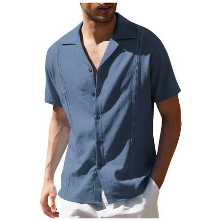 Men s Casual Linen Shirt V Neck Short Sleeve Button Down Summer Beach Shirt | Walmart (US)