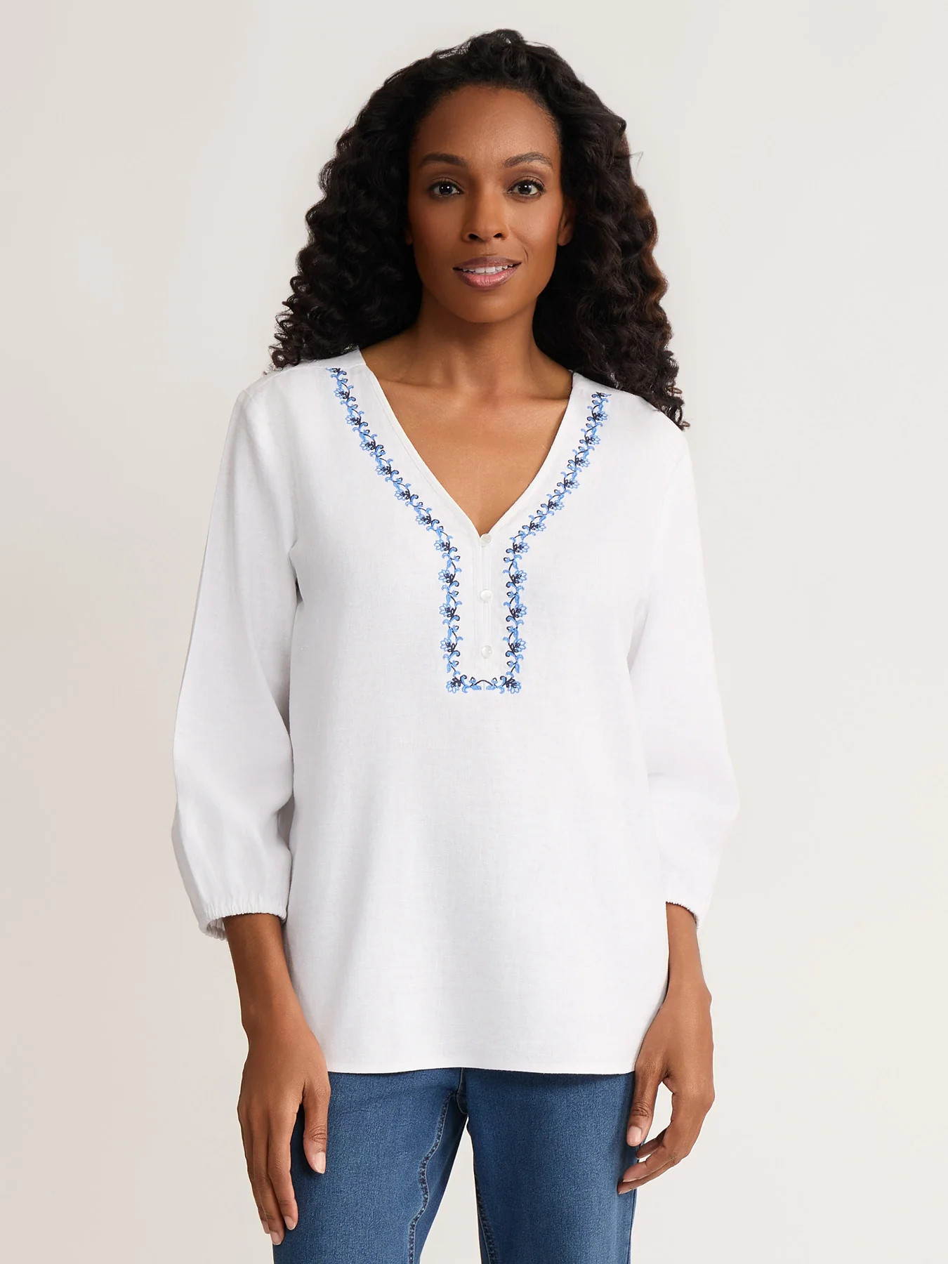 Embroidered Popover Blouse, Linen | Jones New York