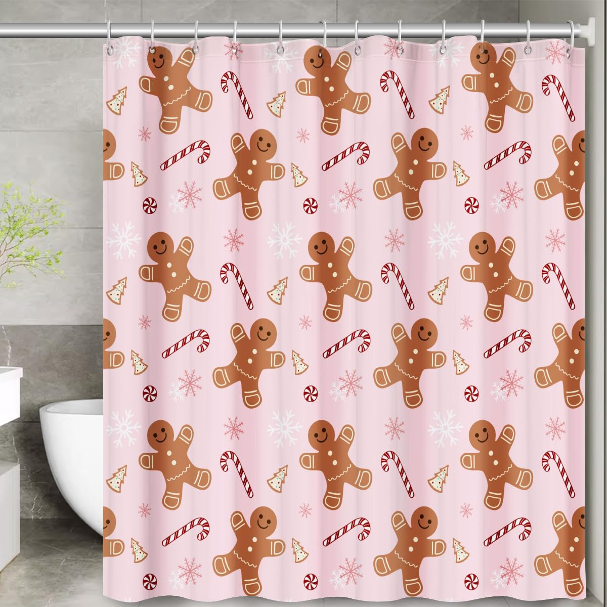 Christmas Shower Curtain Set: Pink Cute Gingerbread Man Candy Cane Bathroom Shower Curtain with H... | Amazon (US)