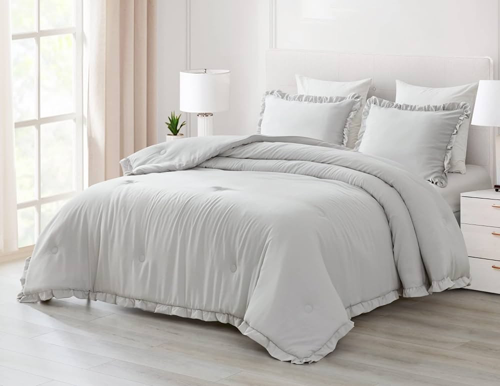 Chezmoi Collection Nora 3-Piece Ruffled Edge Trim Soft Washed Microfiber Comforter Set (Full, Lig... | Amazon (US)