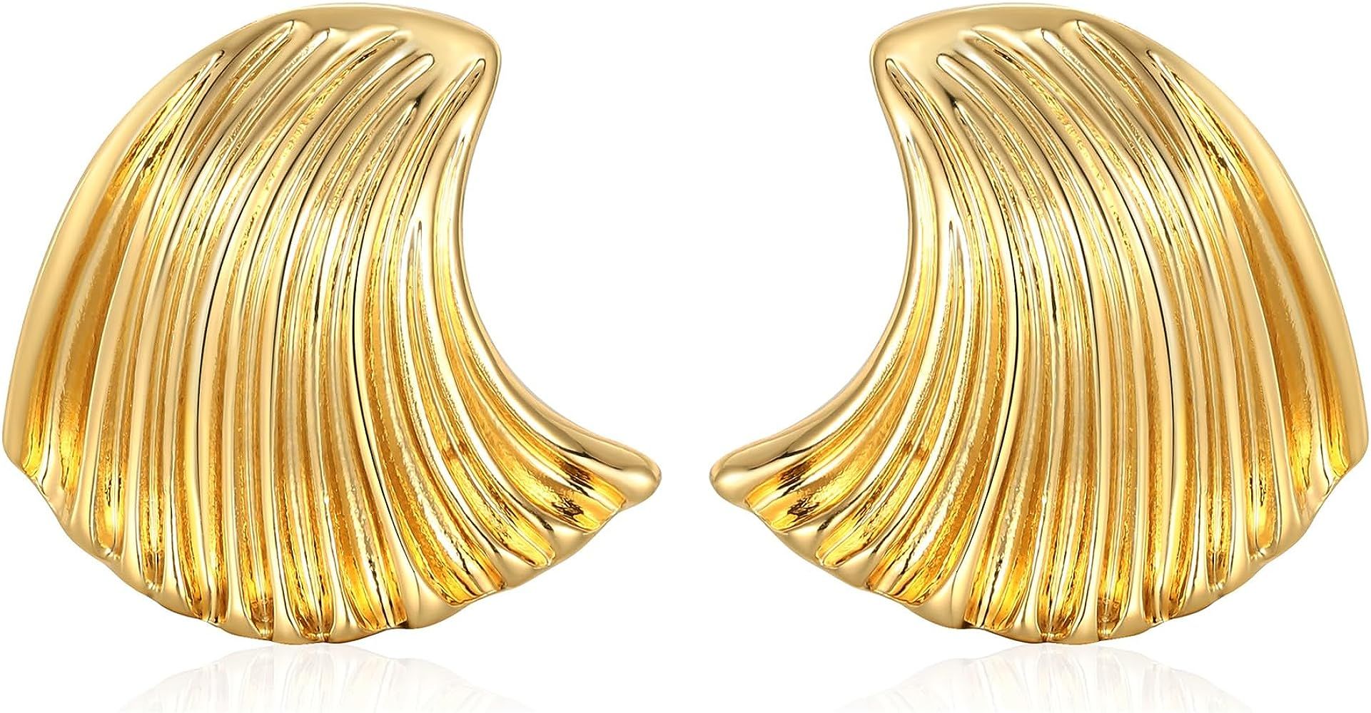 WOWORAMA Gold Statement Earrings for Women Gold Seashell Flower Earrings Boho Textured Ocean Wave... | Amazon (US)