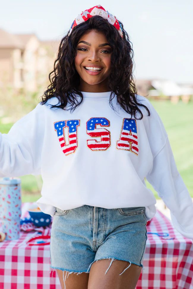 USA Flag Chenille Patch White Oversized Graphic Sweatshirt | Pink Lily