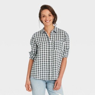 Women&#39;s Long Sleeve Gauze Button-Down Shirt - Universal Thread&#8482; Green Plaid S | Target