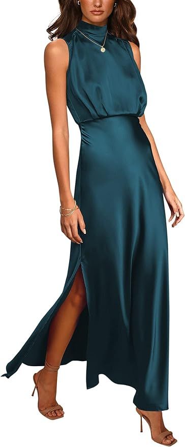PRETTYGARDEN Women's Long Formal Satin Dress Mock Neck Sleeveless Side Slit Flowy Maxi Tank Dress... | Amazon (US)