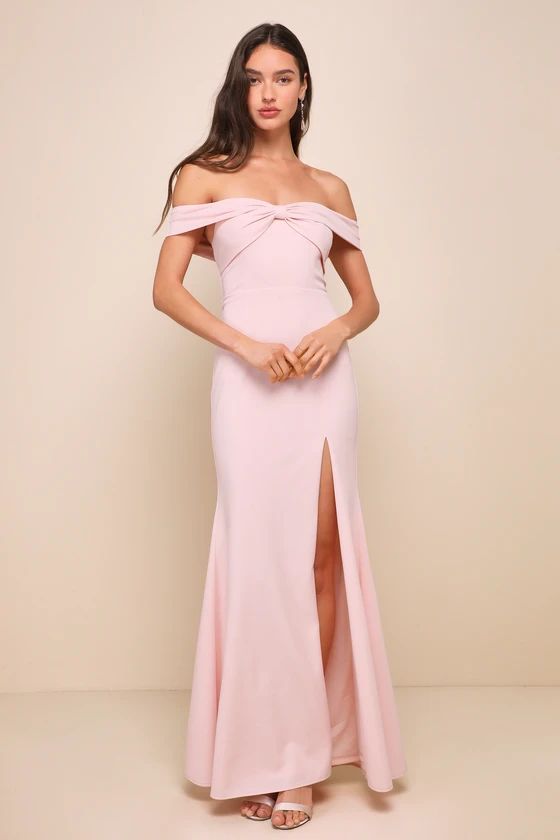 Elegant Perception Light Pink Off-the-Shoulder Dress Liht Lght Pink Gown Pink Maxi Dress Outfit | Lulus