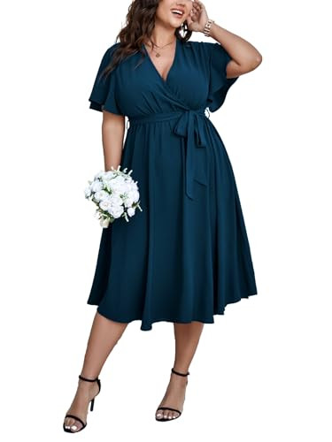 SCOMCHIC Womens Plus Size Wedding Guest Cocktail Midi Dress Summer Short Sleeve Wrap V Neck Belte... | Amazon (US)