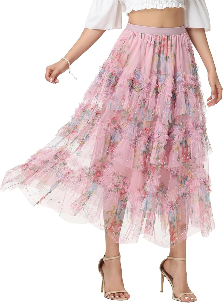 Kisidoo Sparkly Tulle Skirt for Women Floral Beaded Tiered Midi Length High Waist A Line Fairy Ca... | Amazon (US)