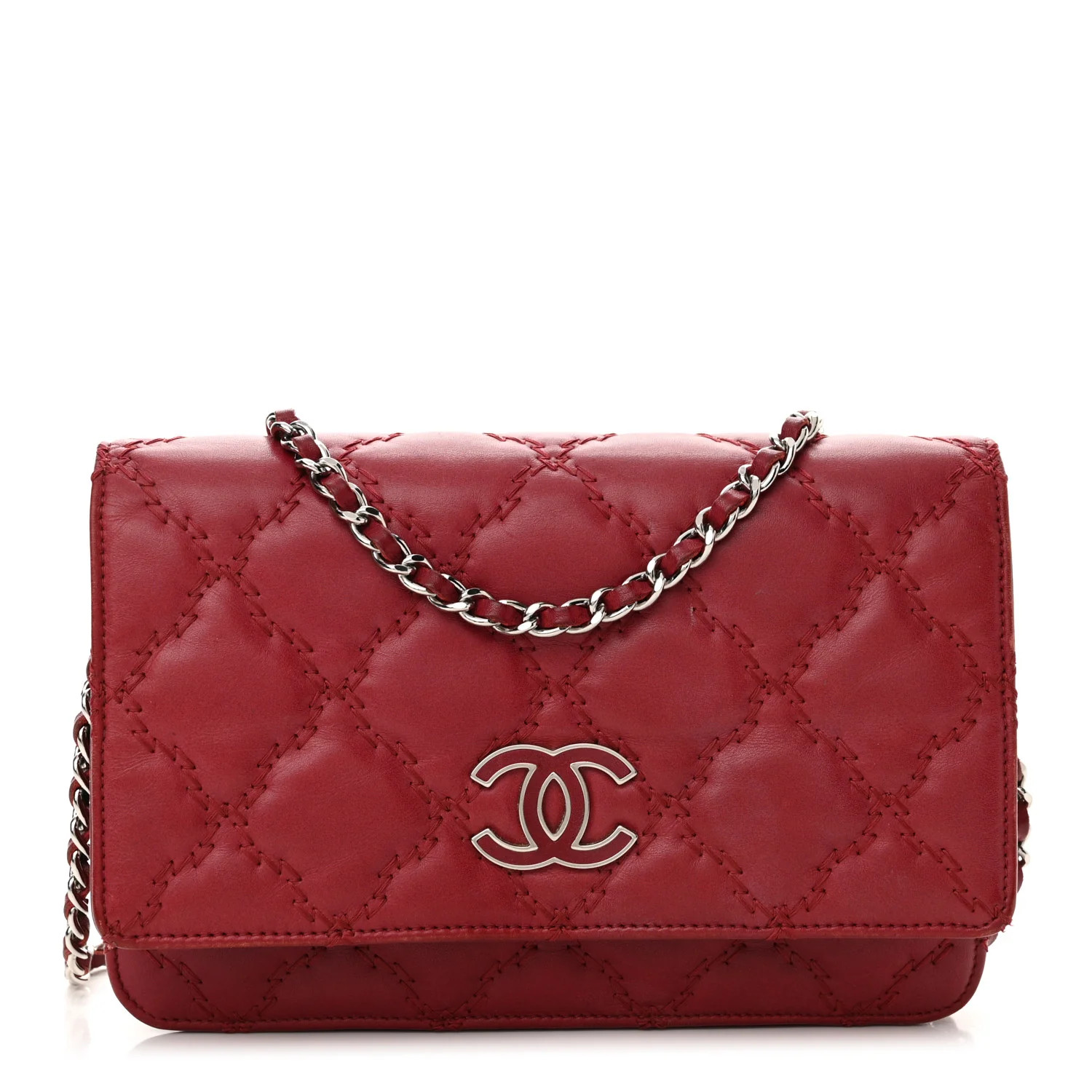 Calfskin Double Stitch Hamptons Wallet On Chain WOC Red | FASHIONPHILE (US)