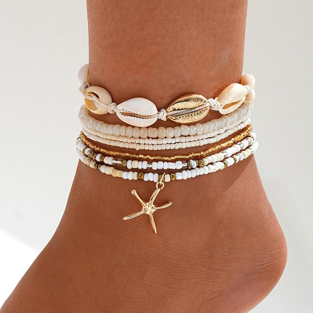 Shell Ankle Bracelet Set for Women, Gold Boho Bead Adjustable Anklet, Hawaiian Beach Seashell Pea... | Amazon (US)