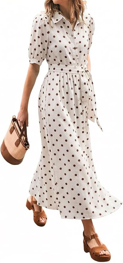 CHARTOU Women’s Polka Dot Midi Dress Puff Short Sleeve Button Down Shirt Dress with Belt for Ca... | Amazon (US)