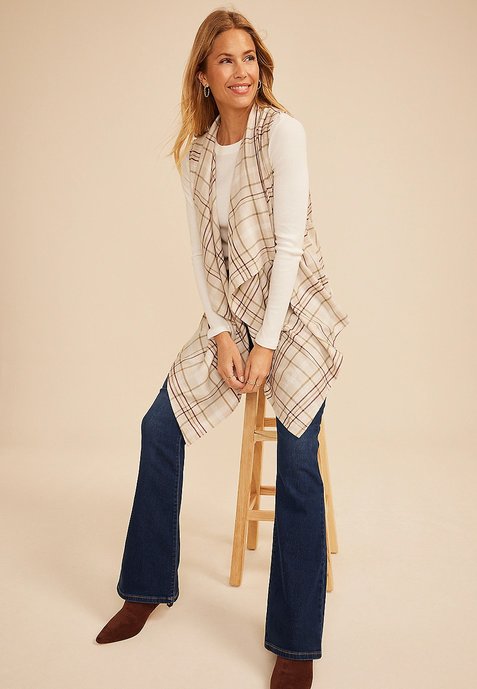 Plaid Open Front Waterfall Vest | Maurices