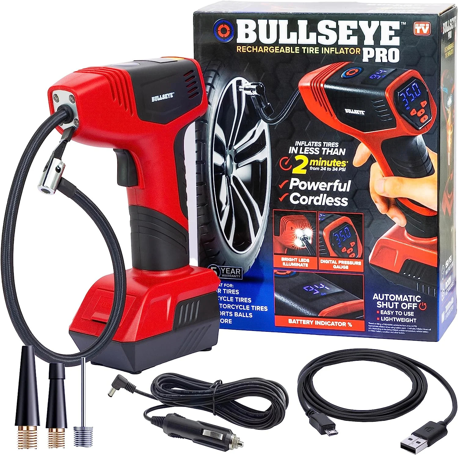 Bullseye Pro Tire Inflator 150 PSI Electric Air Compressor Portable Air Pump Car Bike LED 12V DC ... | Walmart (US)