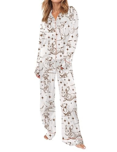 SHESHOW Women Pjs Sets Long Sleeve 2 Piece Sleepwear Dachshund Pajama Set for Womens Loungewear with Pockets White S | Amazon (US)