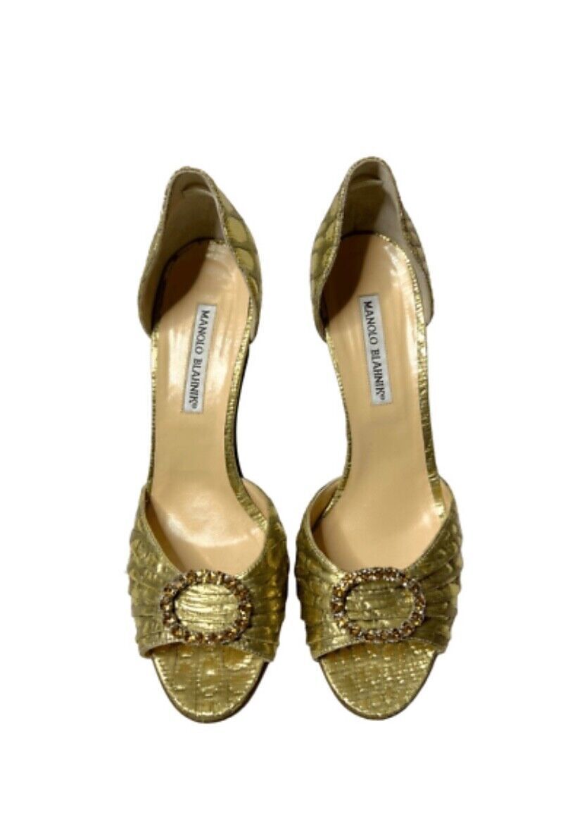 Manolo Blahnik Gold Sedaraby D'orsay Open Toe Pumps Crystal Embellished Size 34  | eBay | eBay US