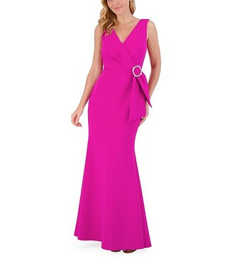 Eliza J Techno Scuba Surplice V-Neck Sleeveless Waist Buckle Pleated Mermaid Gown | Dillard's | Dillard's