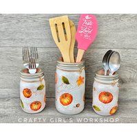 Pumpkin Mason Jar, Kitchen Utensils Holder, Fall Decor | Etsy (US)