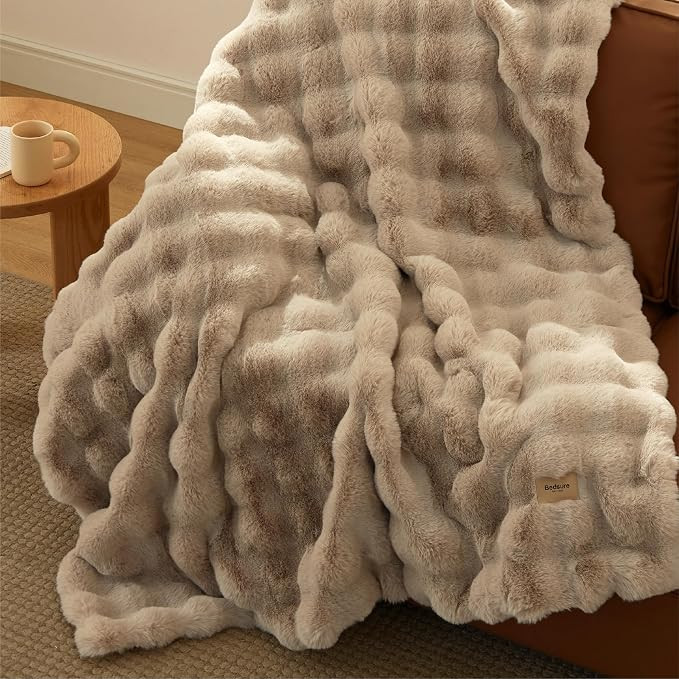 Bedsure Fluffy Bubble Faux Fur Throw XL Blanket, 50"x70", Beige | Amazon (US)