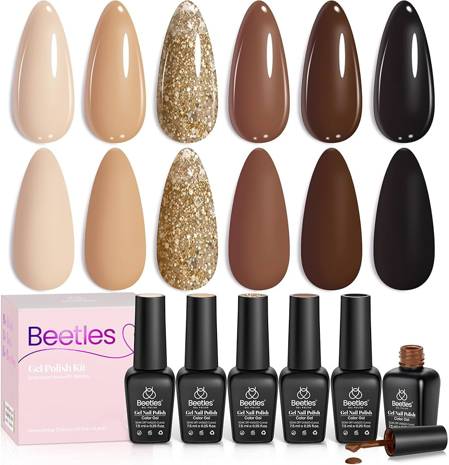 Beetles Fall Brown Gel Polish - 6 Colors Nude Brown Neutral Beige Khaki Glitter Gold Gel Nail Polish Set Roasted Chestnuts Collection Uv Gel Nail Art Manicure | Amazon (US)