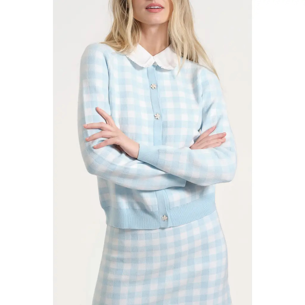 Isaac Mizrahi New York Mixed Media Gingham Cardigan in Blue Multi at Nordstrom, Size Medium | Nordstrom