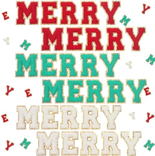 30 Pcs Christmas Self-Adhesive Merry Iron on Patches 2.1 Inch Sew on Chenille Letter Xmas Chenill... | Amazon (US)