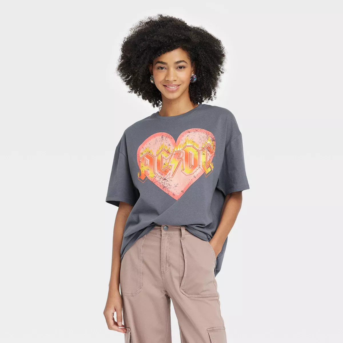 Women's ACDC Heart Oversized Short Sleeve Graphic T-Shirt - Gray | Target