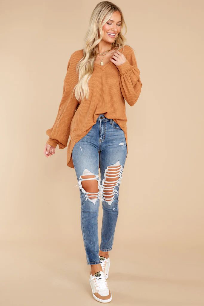 Cozy Warmth Camel Waffle Knit Top | Red Dress 