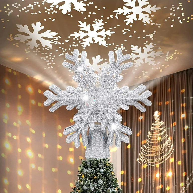 Christmas Tree Topper, 9.6”  Snowflake Tree Toppers Lighted Indoor with Rotating 3D Silver Snow... | Walmart (US)