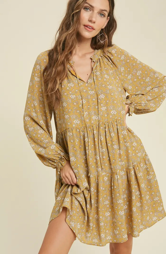 WISHLIST Long Sleeve Notched Neck Floral Tiered Dress | Nordstromrack | Nordstrom Rack