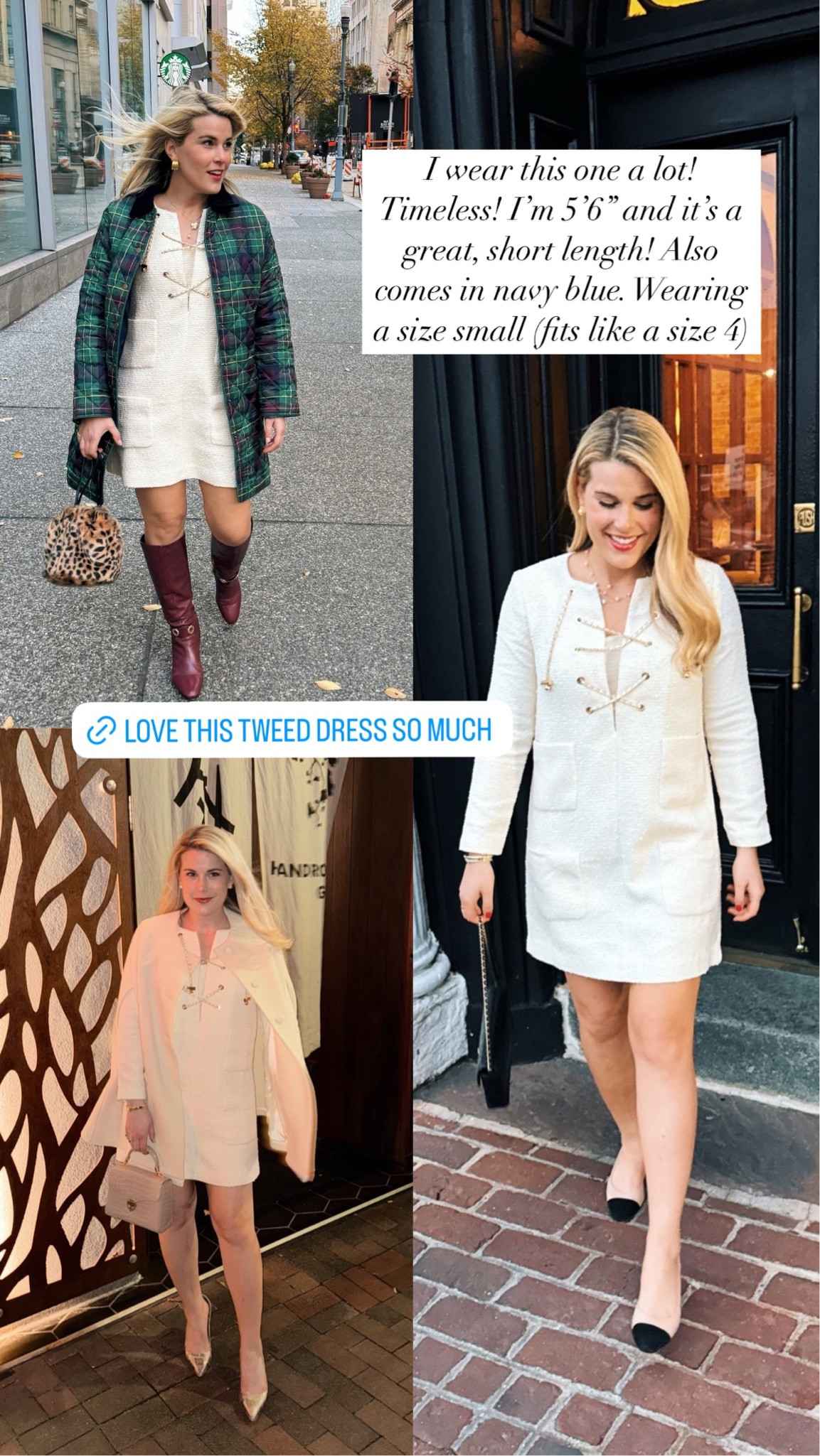 I wear this one a lot! Timeless! I’m 5’6” and it’s a great, short length! Also comes in navy blue. Wearing a size small (fits like a size 4)