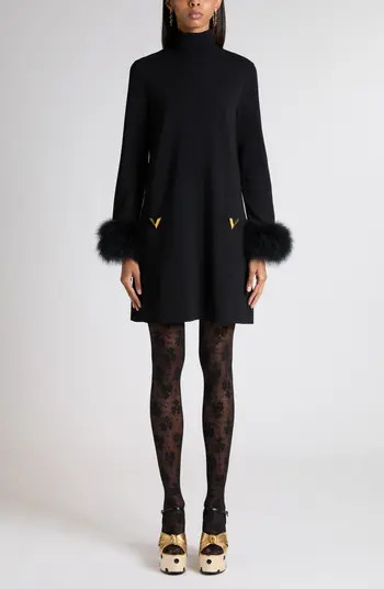 Feather Trim Long Sleeve Sweater Minidress | Nordstrom