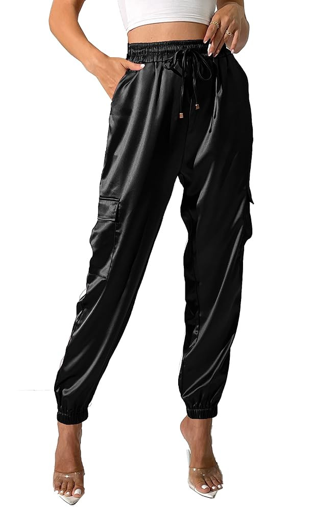 Women's Satin Cargo Joggers Pants Dressy Casual Silky Elastic High Waist Trousers | Amazon (US)