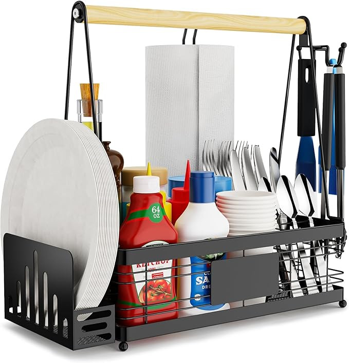 Grill Caddy with Plate Holder and Paper Towel Holder, Picnic BBQ Condiment Utensil Organizer Cadd... | Amazon (US)