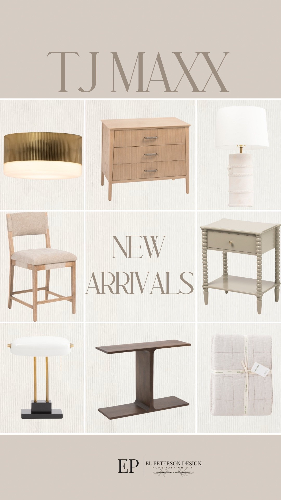 Tj maxx 
New arrivals
Flush mount light
Console table
Table lamp
Blanket
Counter stool
Nightstand 

#LTKFindsUnder100 #LTKFindsUnder50 #LTKHome