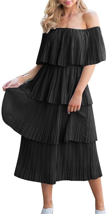 ETCYY NEW Women's Off The Shoulder Sleeveless Tiered Ruffle Pleated Casual Midi Dress | Amazon (US)