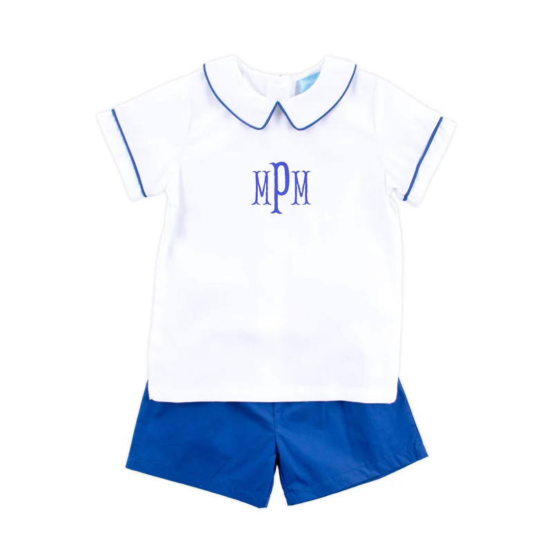 White And Royal Blue Collared Short Set | Classic Whimsy