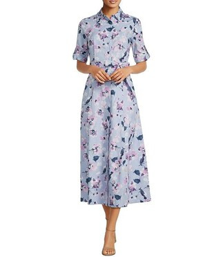 Floral Print Cotton Poplin Collared Short Sleeve Shirt Dress | Dillard's