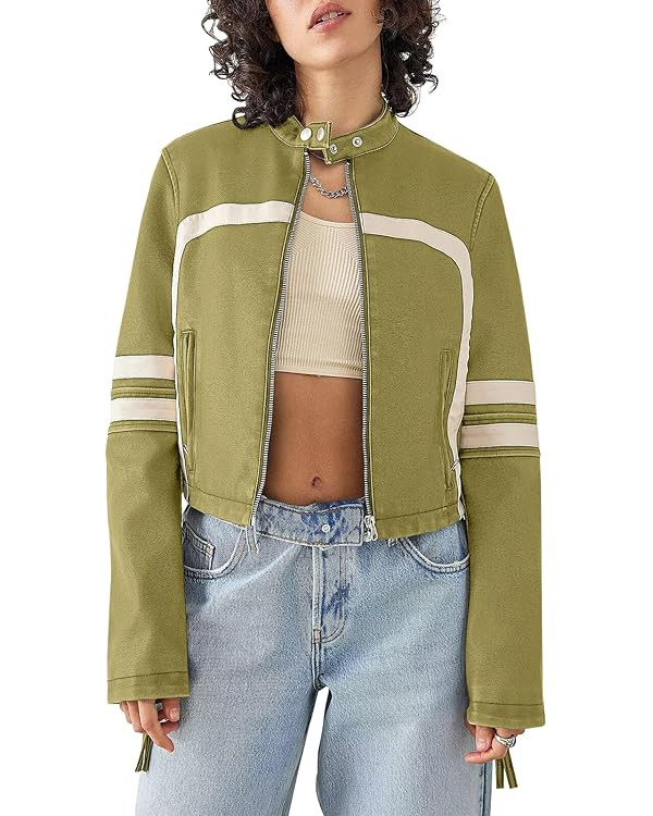 Saodimallsu Women’s Faux Leather Jackets Zip Up Stand Collar Cropped Motocross PU Coats | Amazon (US)