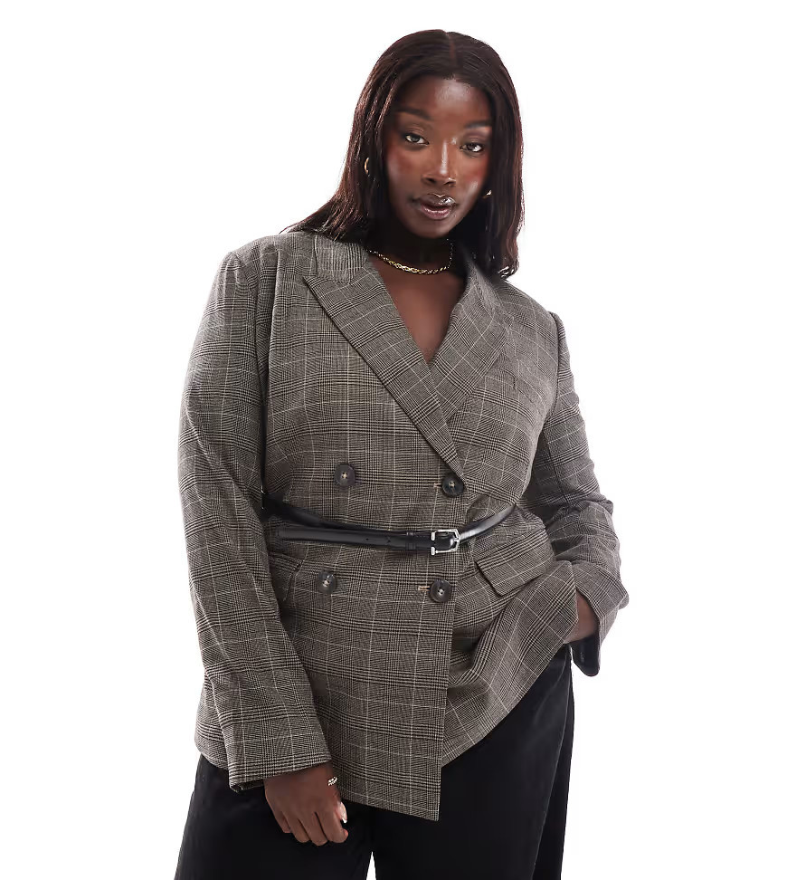 ASOS DESIGN Curve check blazer with faux leather belt-Multi | ASOS (Global)